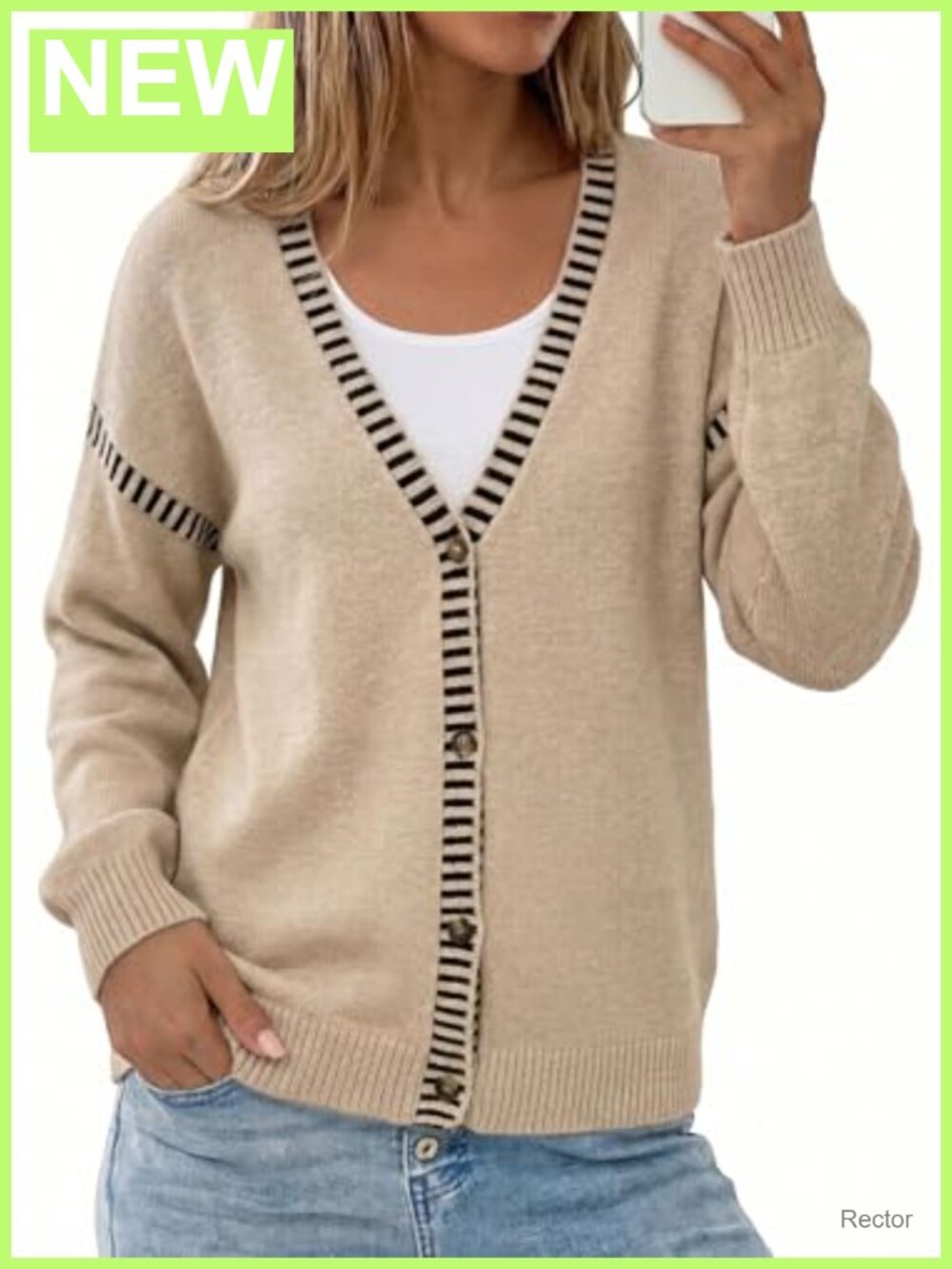 Oversized Button Front Cardigan V-Neck Stripe Trim Fall Sweater